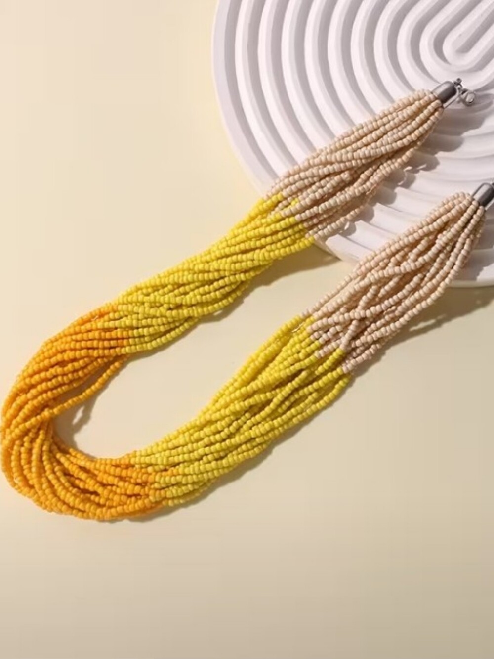 NEW! Handmade Multi-Strand Yellow & Cream Ombre Beaded Gradient Silver Necklace - Picture 2 of 4